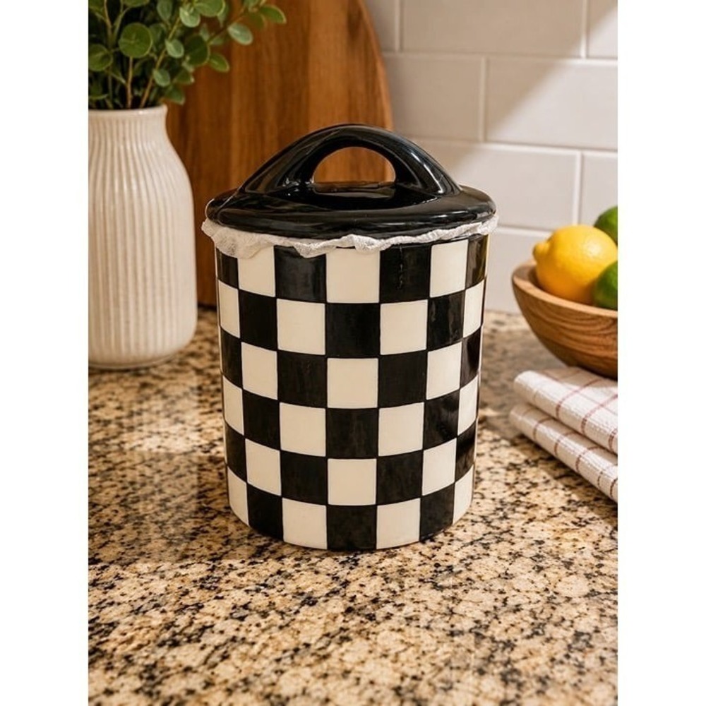 NWT Checkered Black and White Ceramic Canister with Lid - Potters Studio